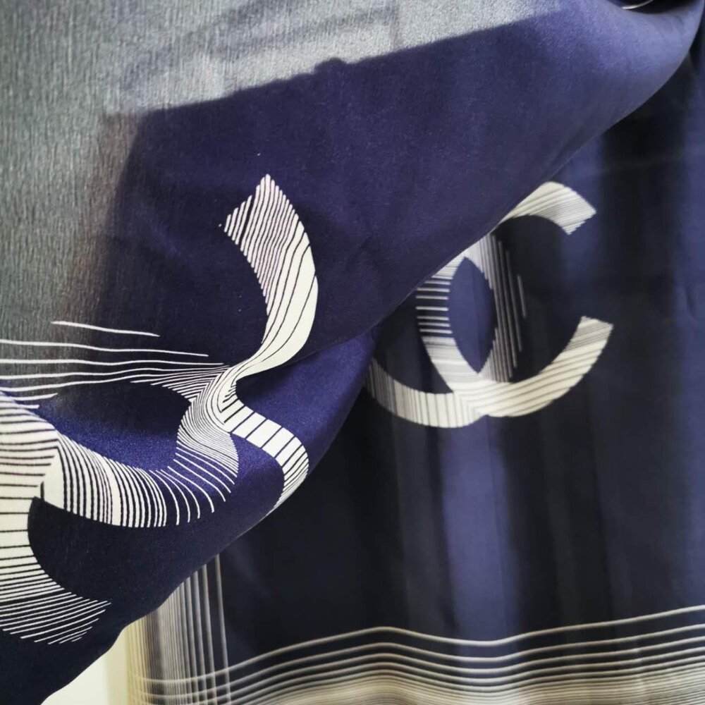 CHANEL BLUE SILK CC LOGO SHAWL - Picture 6 of 11